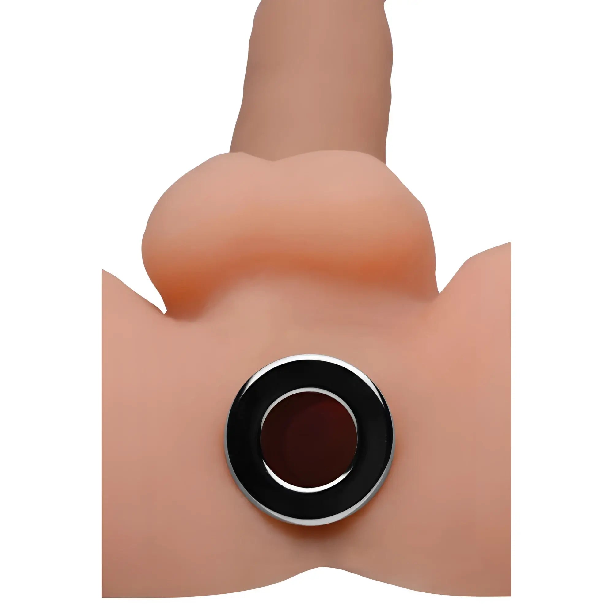 Master Series The Abyss hollow anal dilator featuring a black and silver ring, shown against realistic skin-tone material.