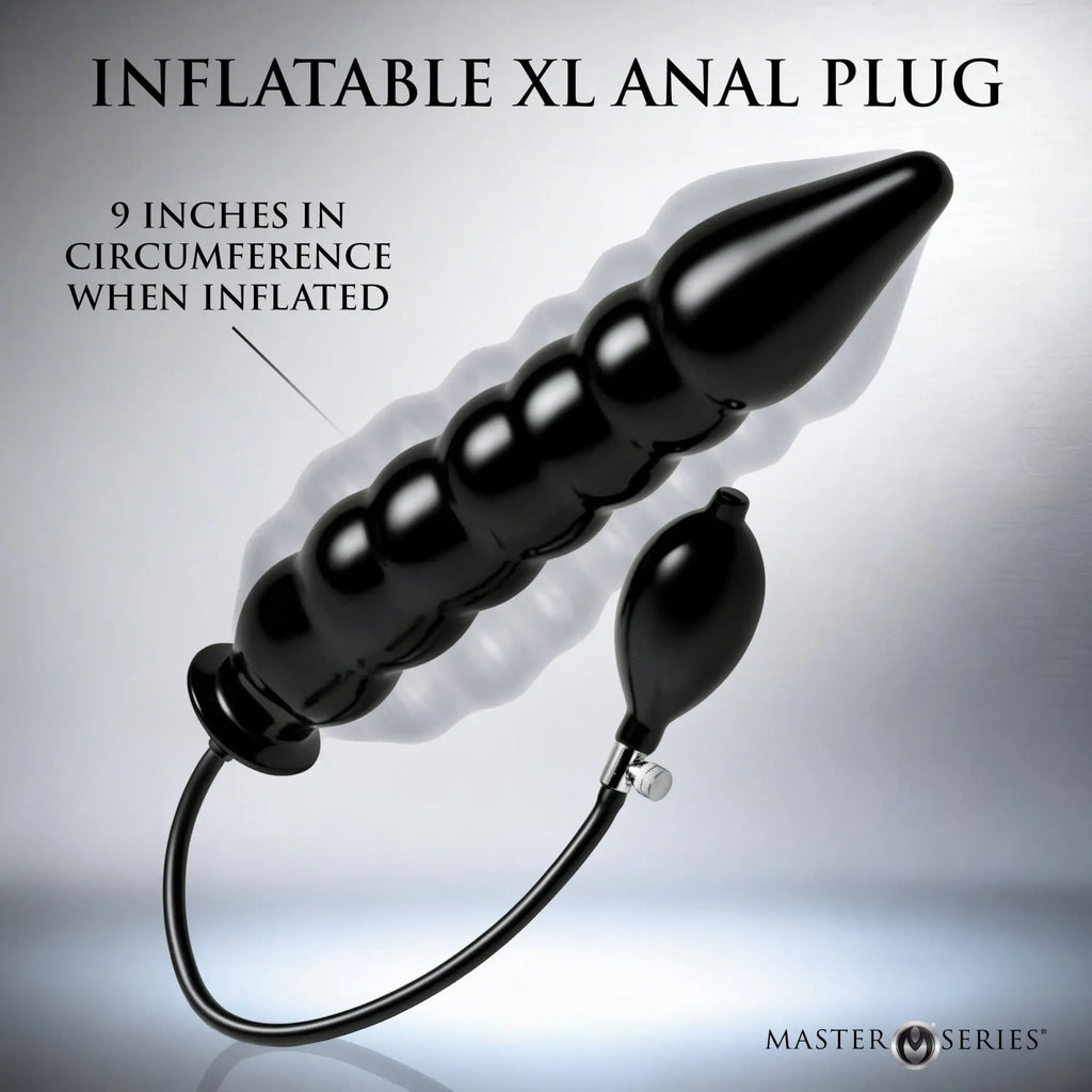 Master Series Accordion XL inflatable black anal plug with a ribbed design, connected to a manual air pump bulb.