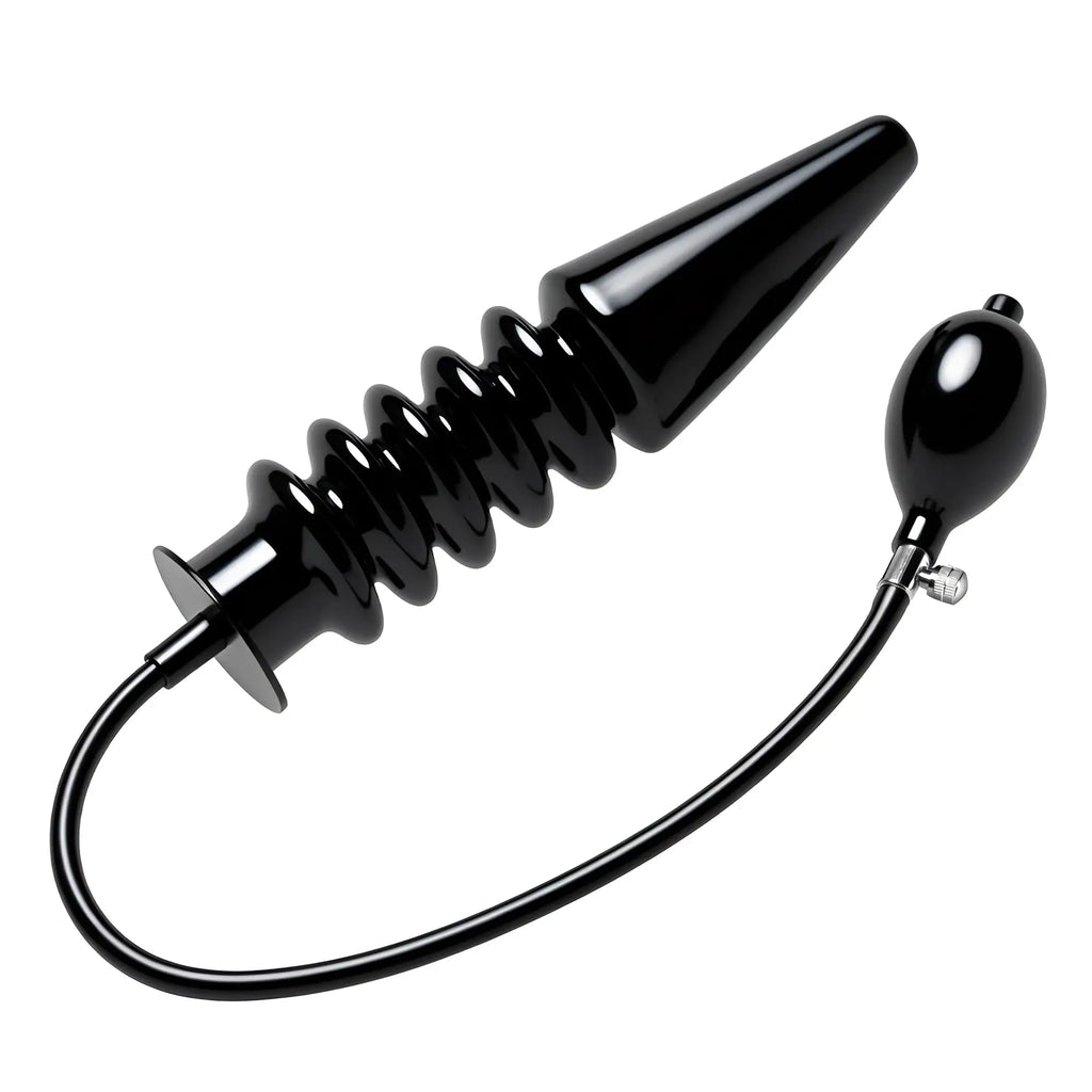 Master Series Accordion XL inflatable black dildo with ribbed design, base plate, and manual inflation bulb.