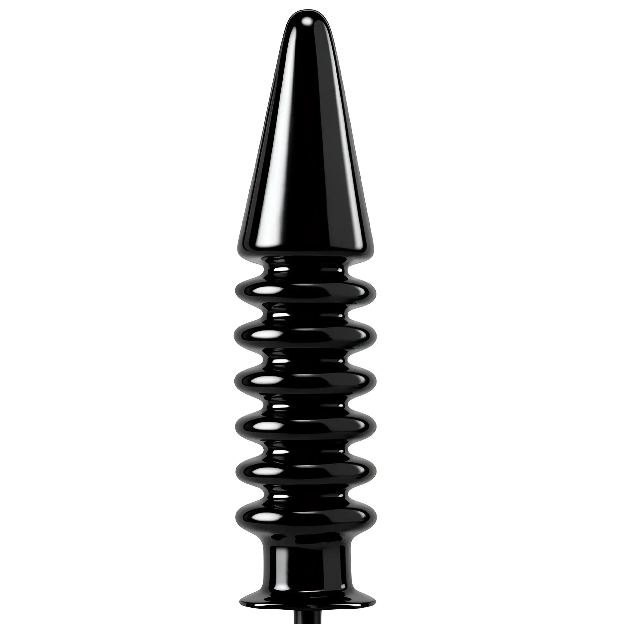 Master Series Accordion XL inflatable dildo: shiny black, ribbed tapered design on a white background.