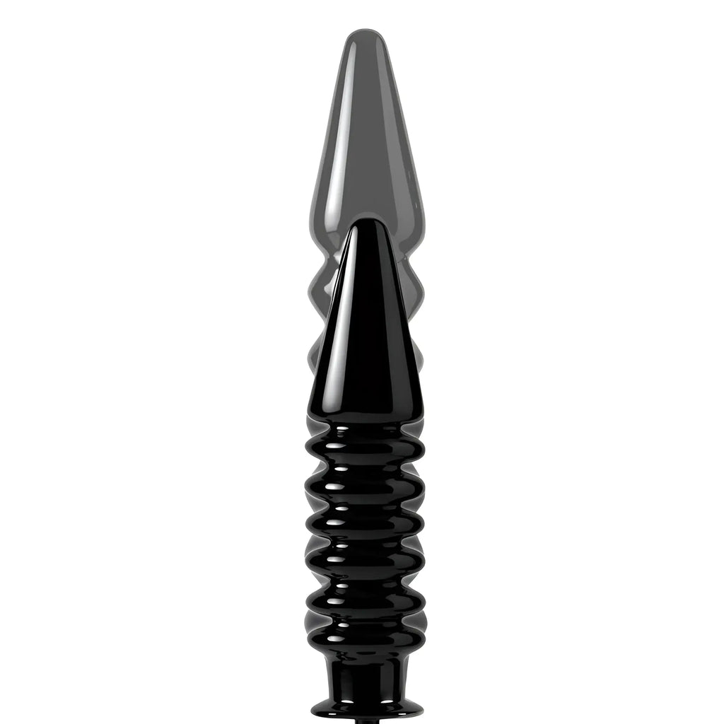 Master Series Accordion XL inflatable dildo in glossy black, featuring a tapered tip and segmented ribbed design.