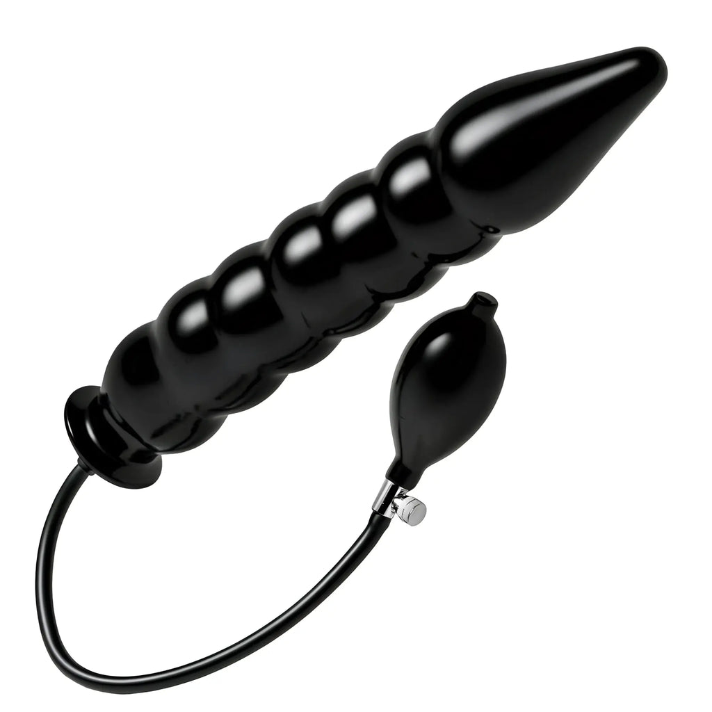 Master Series Accordion XL inflatable dildo: a black, ribbed, tapered silicone toy with an attached inflation bulb.