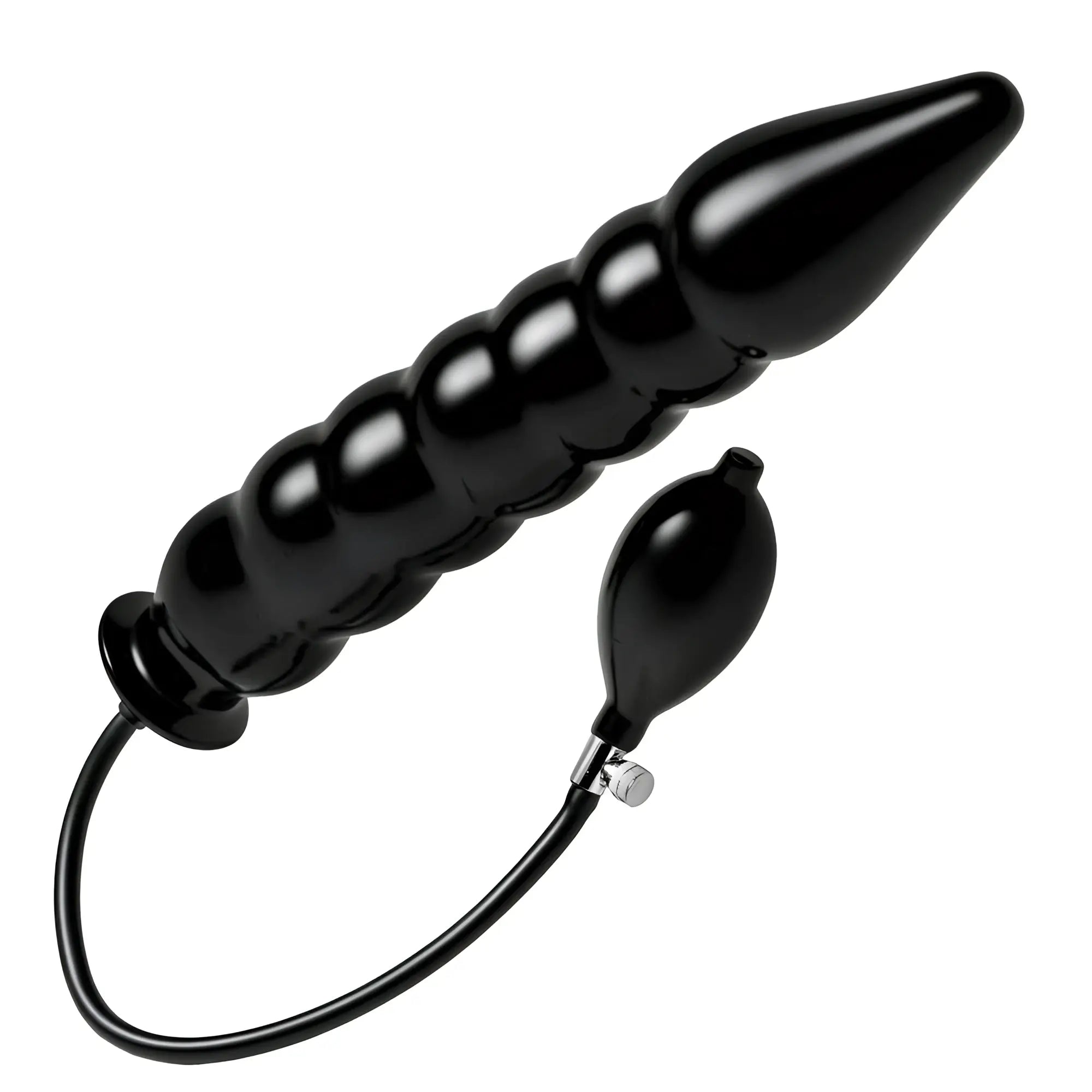 Master Series Accordion XL inflatable dildo: a black, ribbed, tapered silicone toy with an attached inflation bulb.