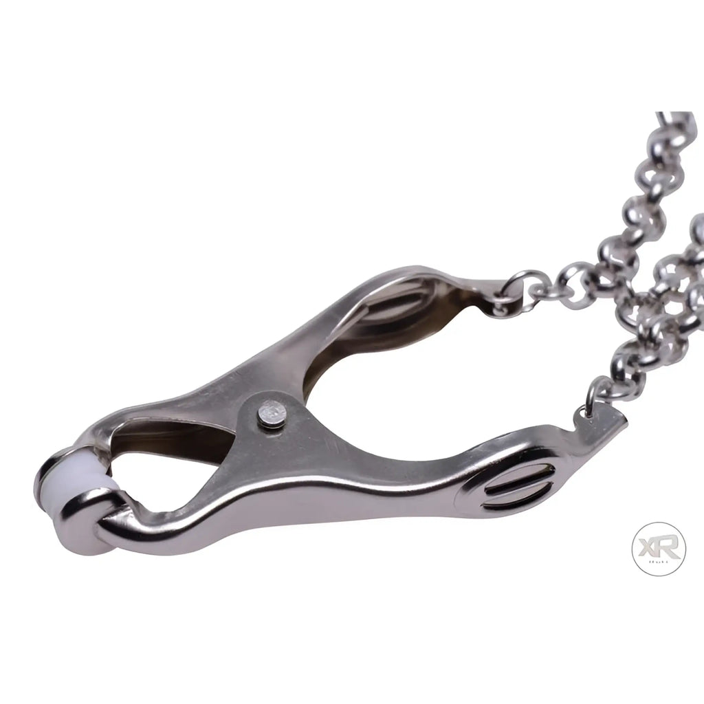 Master Series Affix Triple Chain Nipple Clamps featuring a silver metal spring clip with soft, white silicone tips.