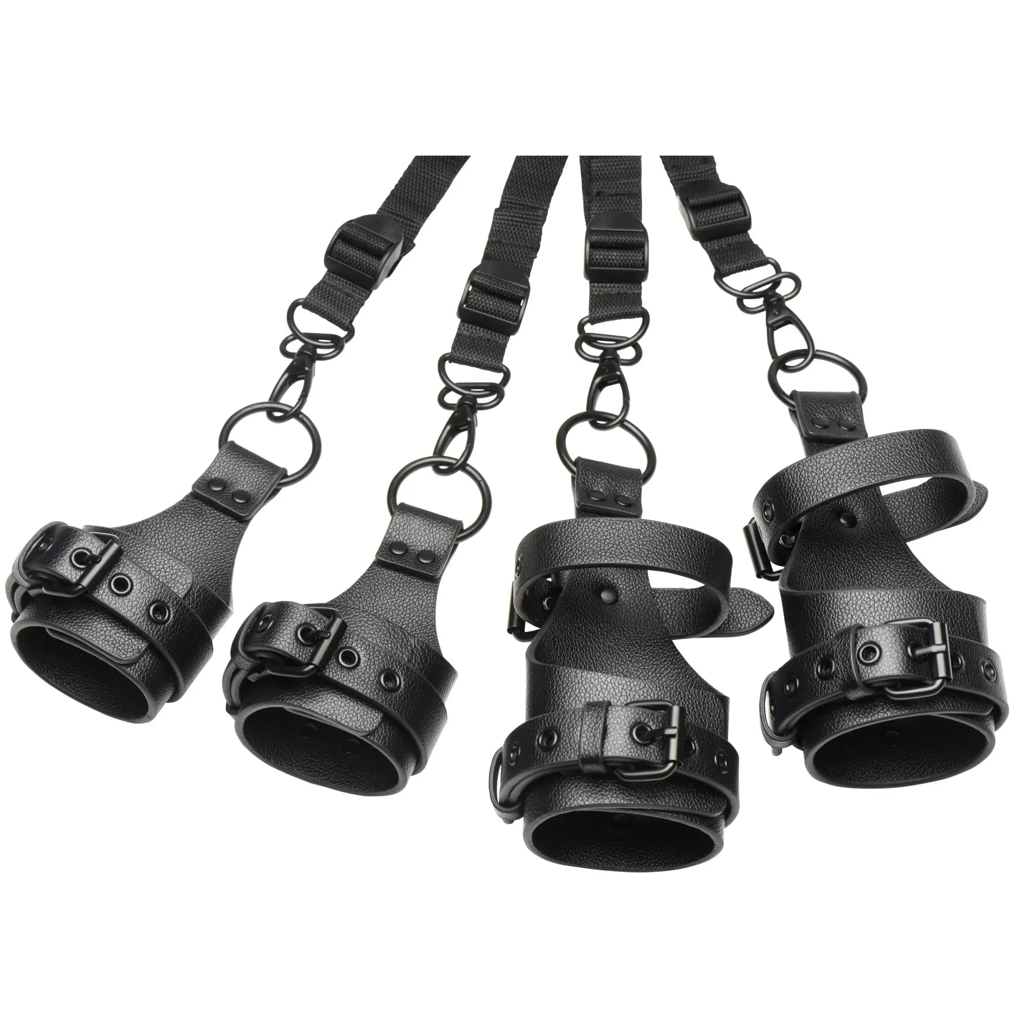 Master Series All Access Bed Restraint Kit: Four black, textured faux-leather wrist and ankle cuffs with buckles.