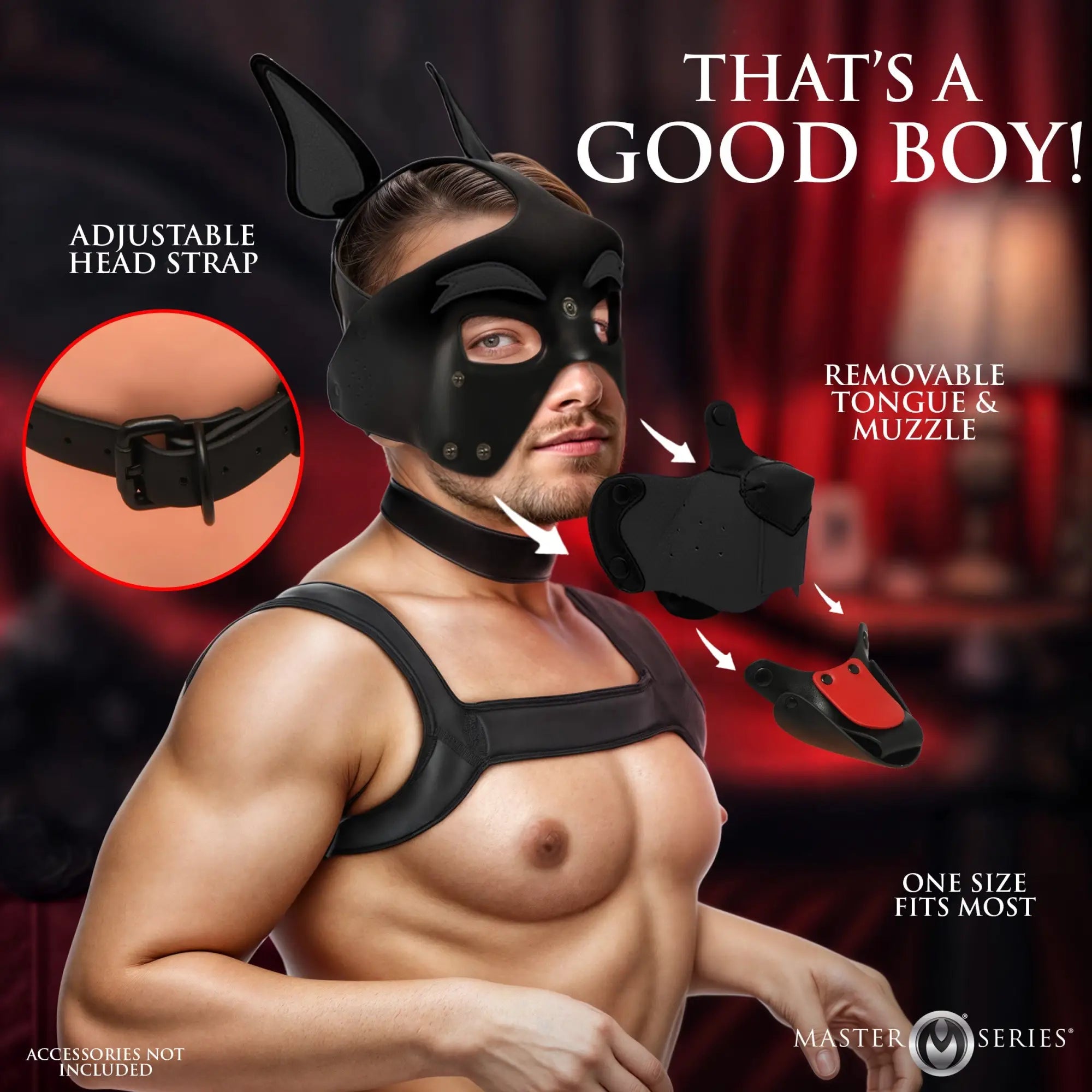 Master Series Alpha Dog Pup Hood in black featuring adjustable straps and a removable muzzle with a red tongue insert.