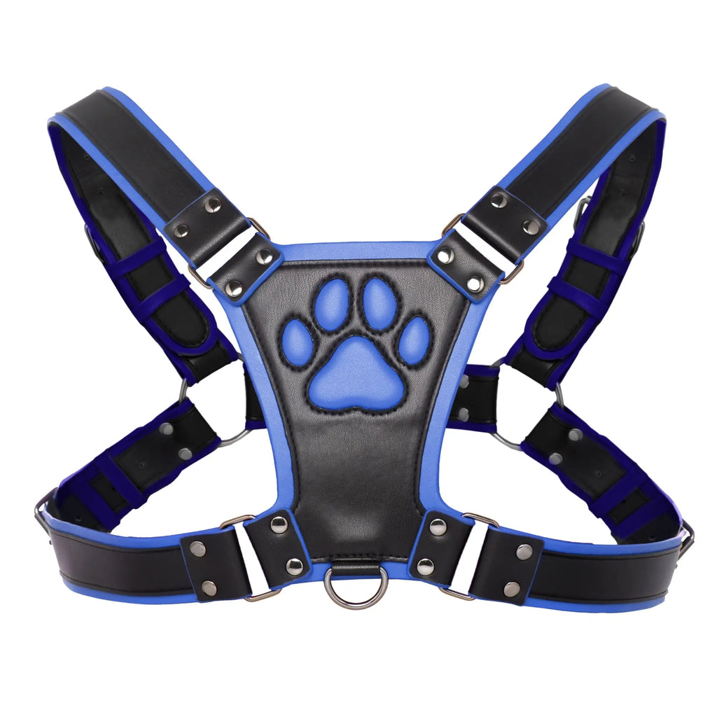 Master Series Alpha Pup Bulldog Harness: Black and blue faux leather chest harness with a central blue paw print emblem.