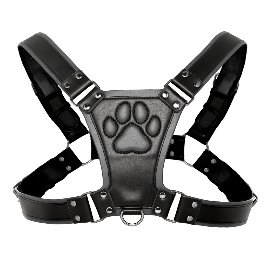 Master Series Alpha Pup Bulldog Harness in black leather with silver hardware and a prominent embossed paw print design.