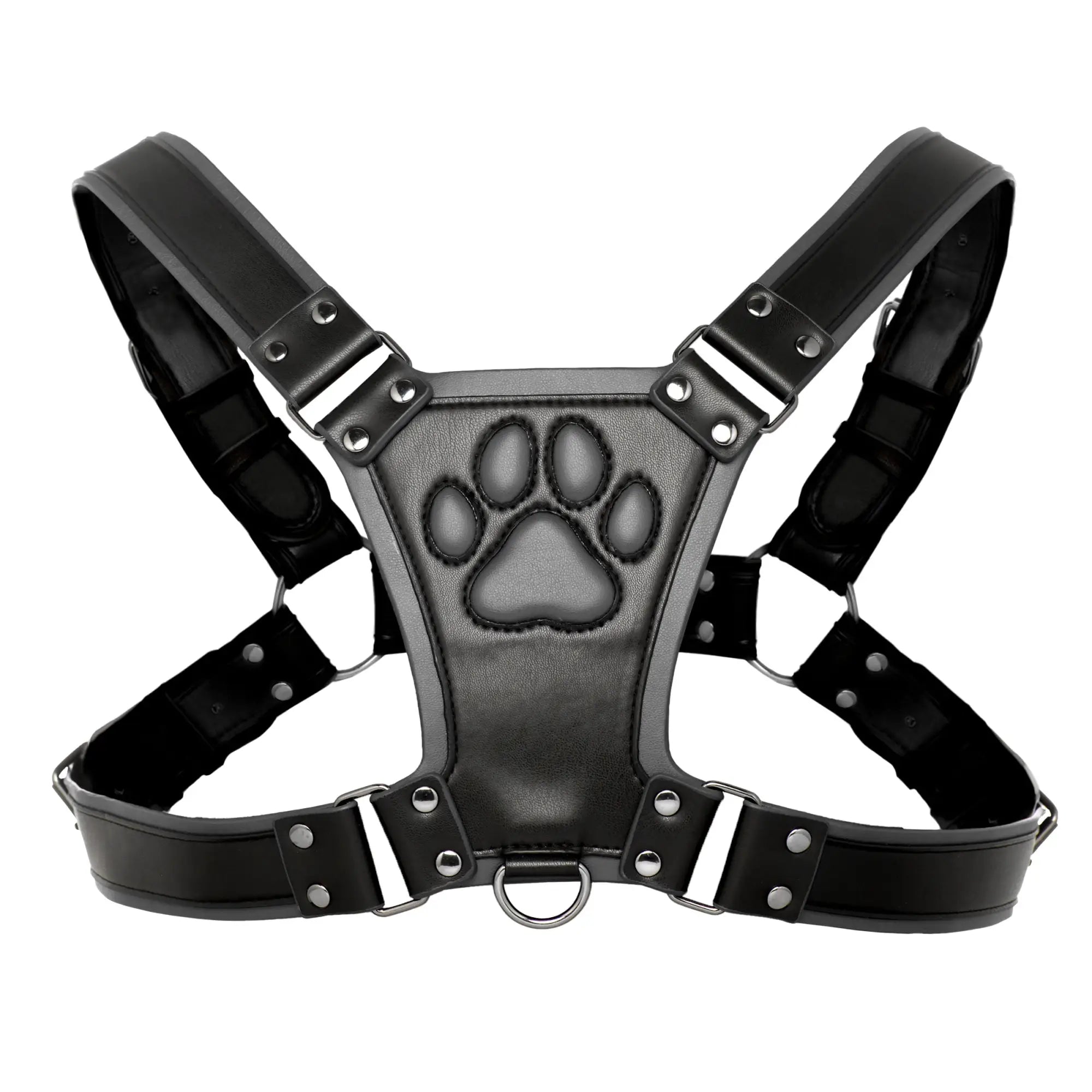 Master Series Alpha Pup Bulldog Harness in black leather with silver hardware and a prominent embossed paw print design.