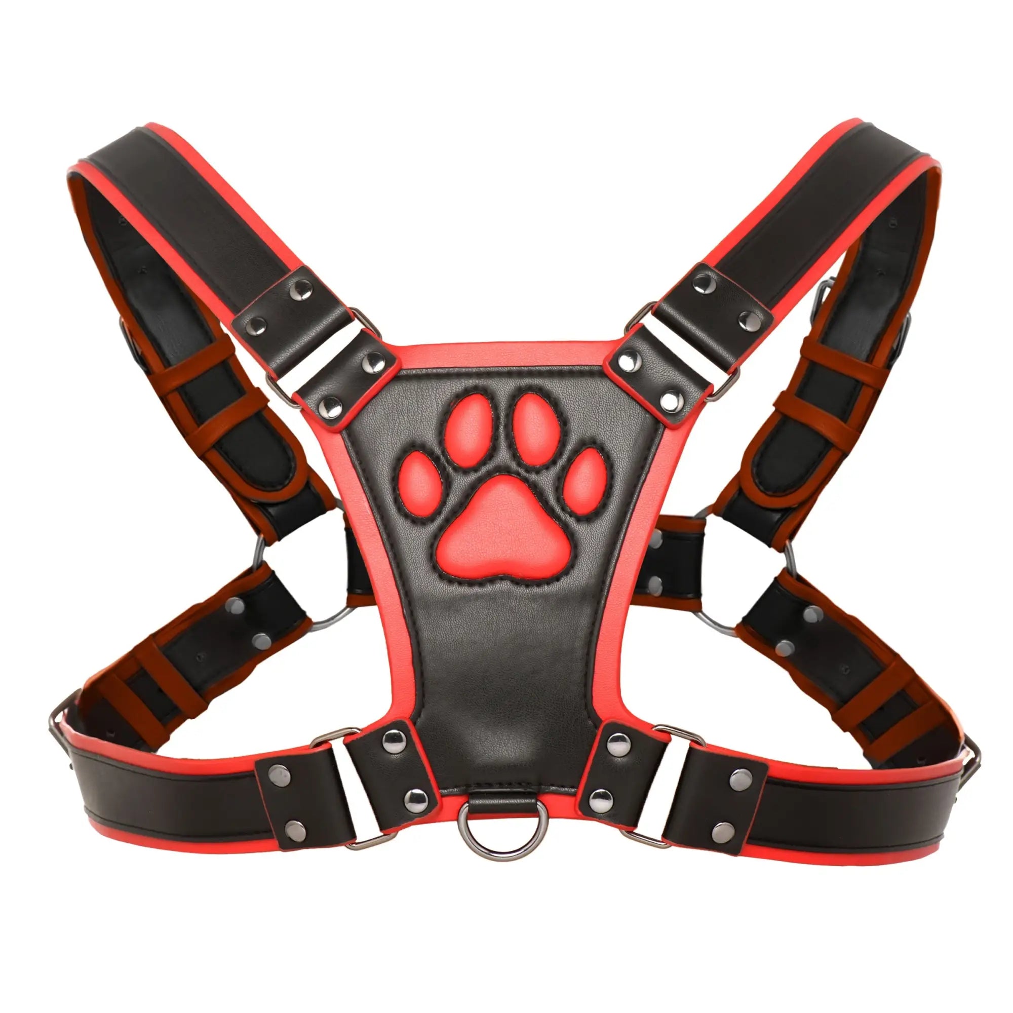 Master Series Alpha Pup Bulldog Harness in black and red faux leather with a central paw print detail and metal rings.