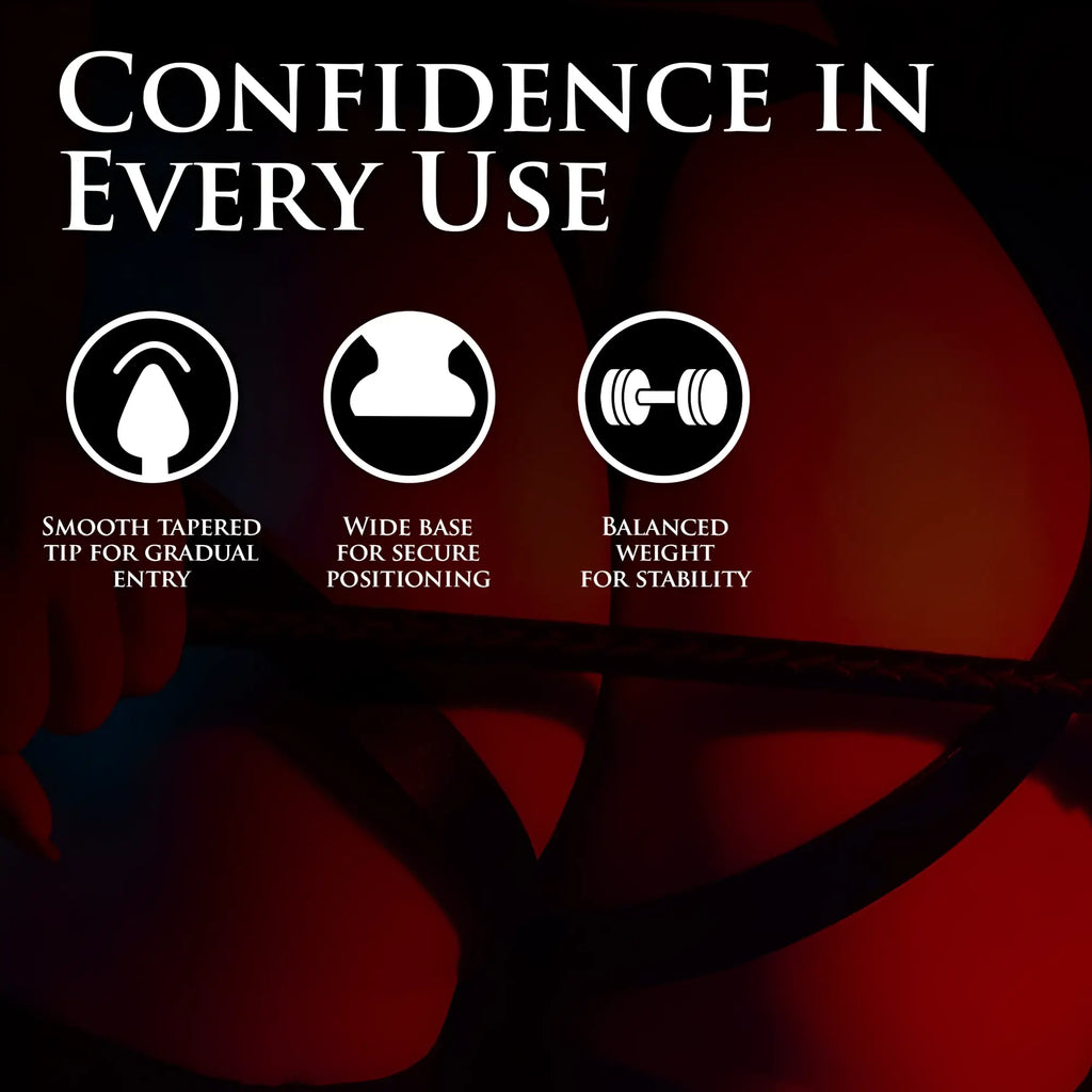 Master Series The Anal Destructor infographic showing three feature icons: tapered tip, wide base, and balanced weight.