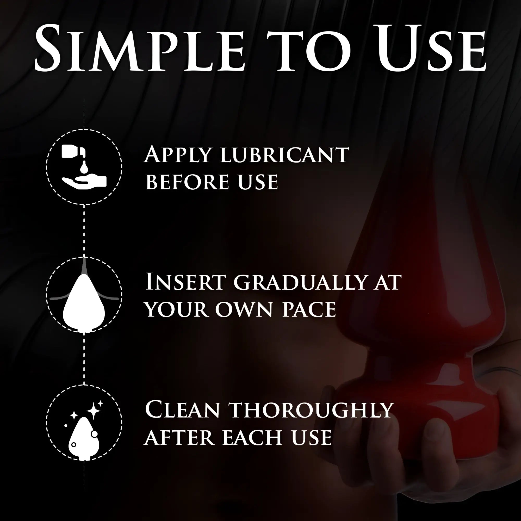 Instructional graphic for the red Master Series The Anal Destructor butt plug, showing steps for use and cleaning.