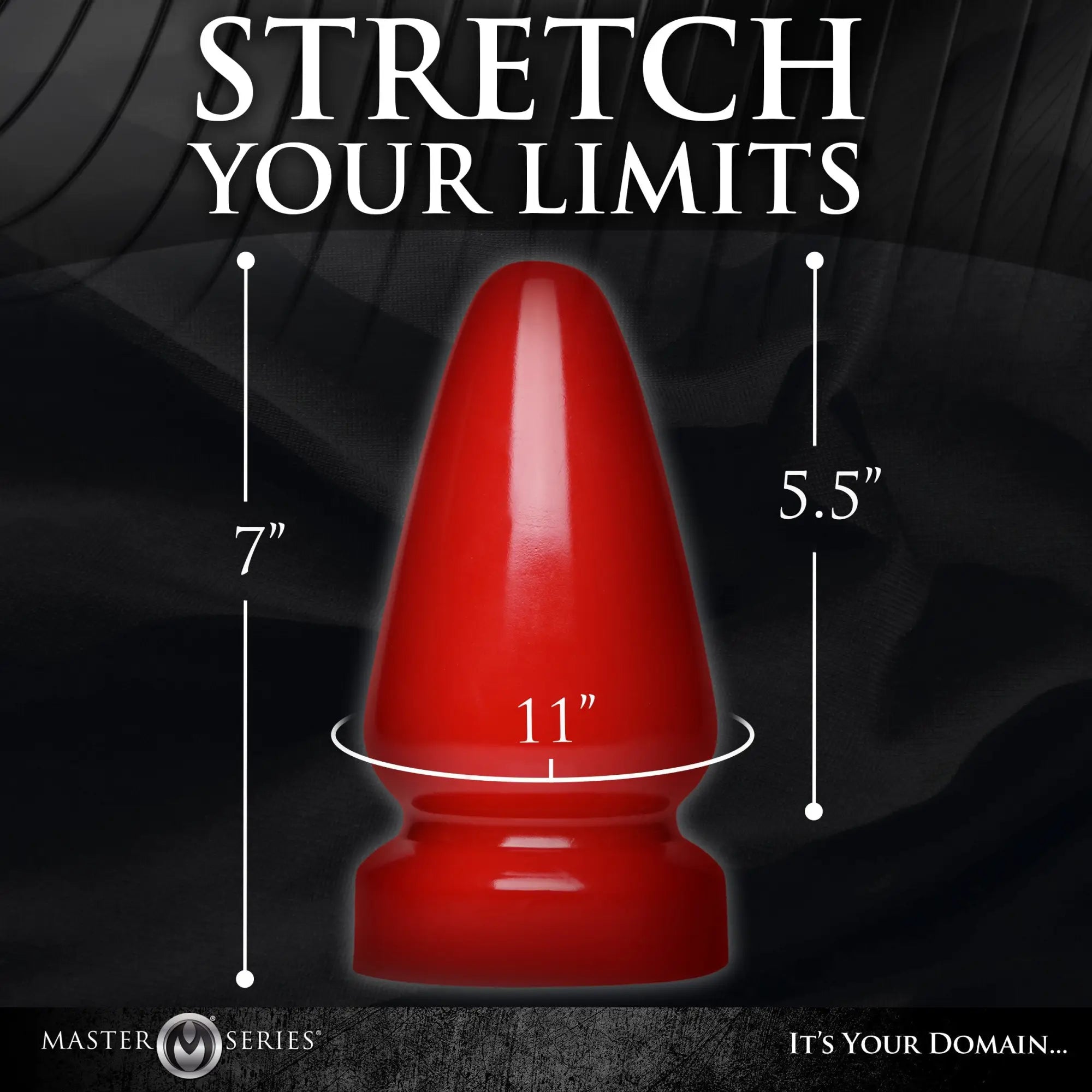 Master Series The Anal Destructor, a large, glossy red butt plug with measurements overlaid on a dark background.