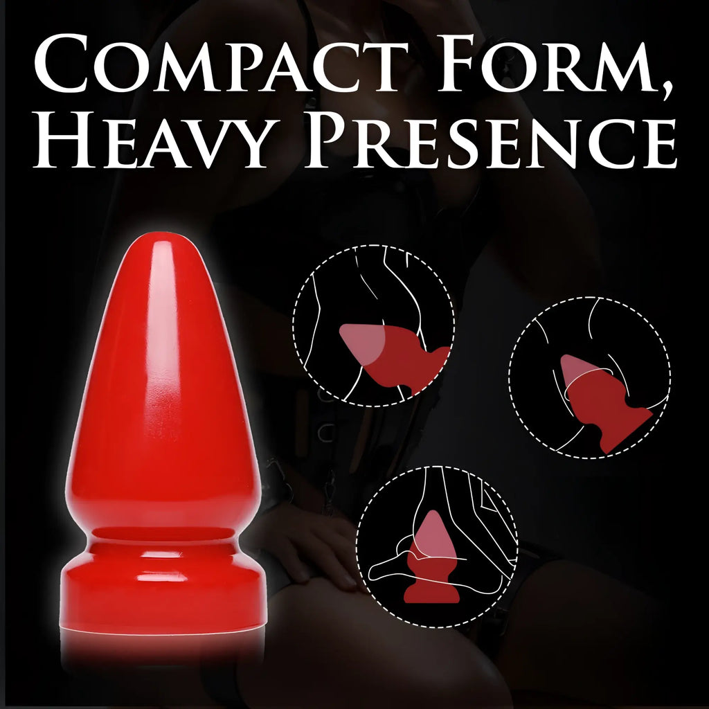 Master Series The Anal Destructor, a glossy red, flared-base butt plug with inset diagrams showing usage.