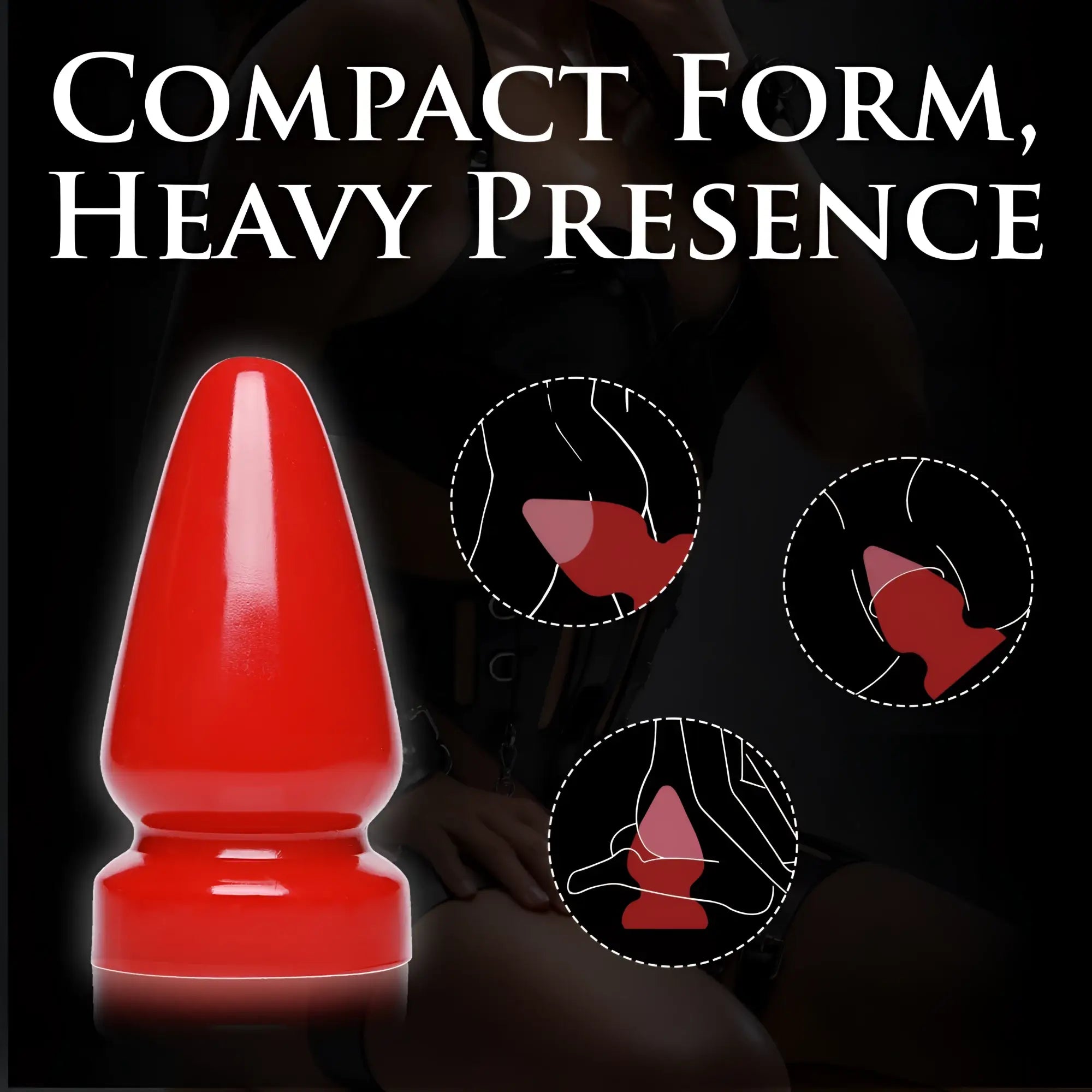 Master Series The Anal Destructor, a glossy red, flared-base butt plug with inset diagrams showing usage.
