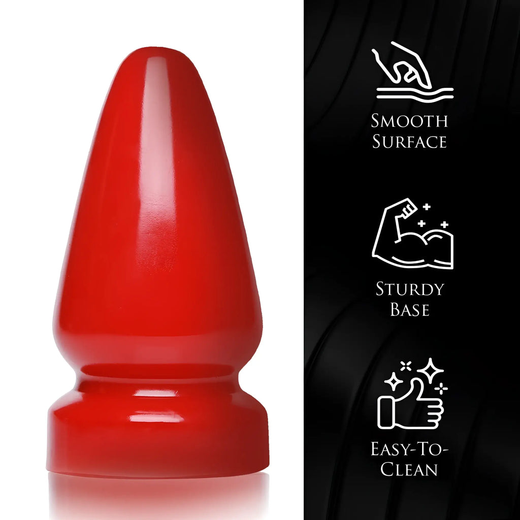 Master Series The Anal Destructor butt plug: a glossy red, tapered plug with icons highlighting its key features.