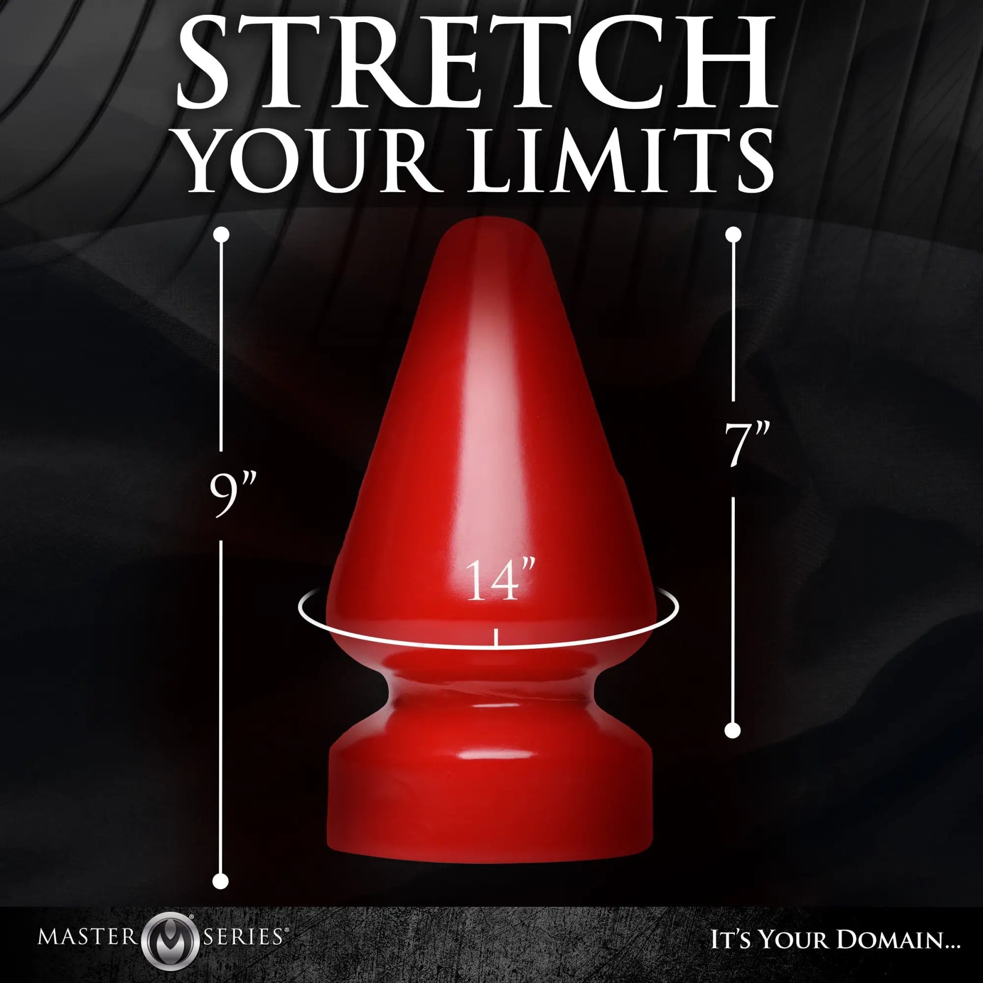 Master Series The Anal Destructor, a glossy red butt plug featuring measurement annotations on a dark background.