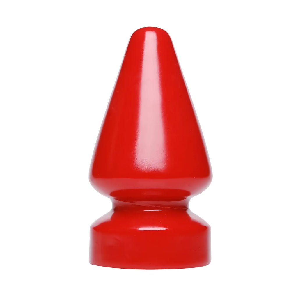 Master Series The Anal Destructor, a glossy, bright red, tapered butt plug on a flat circular base.