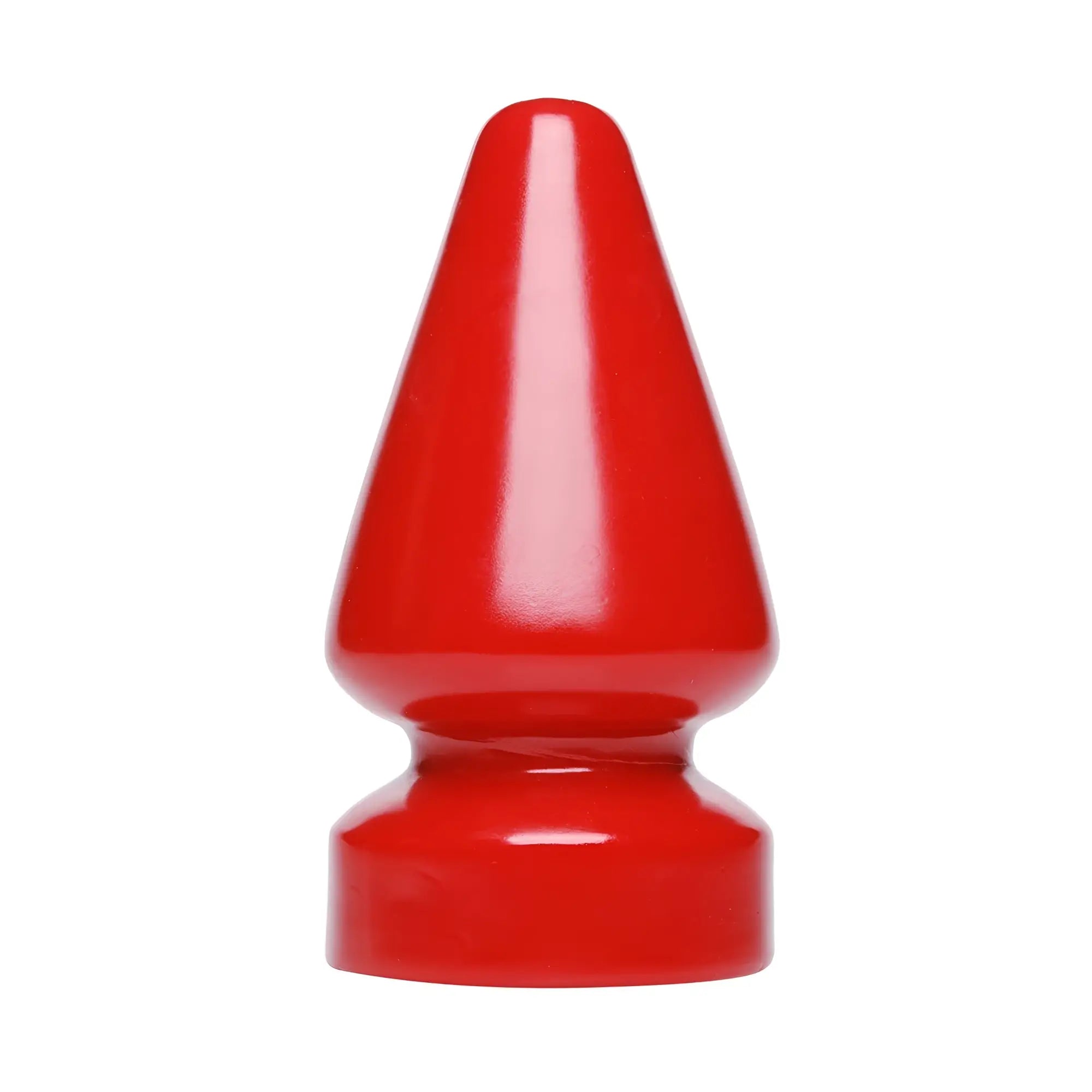 Master Series The Anal Destructor, a glossy, bright red, tapered butt plug on a flat circular base.