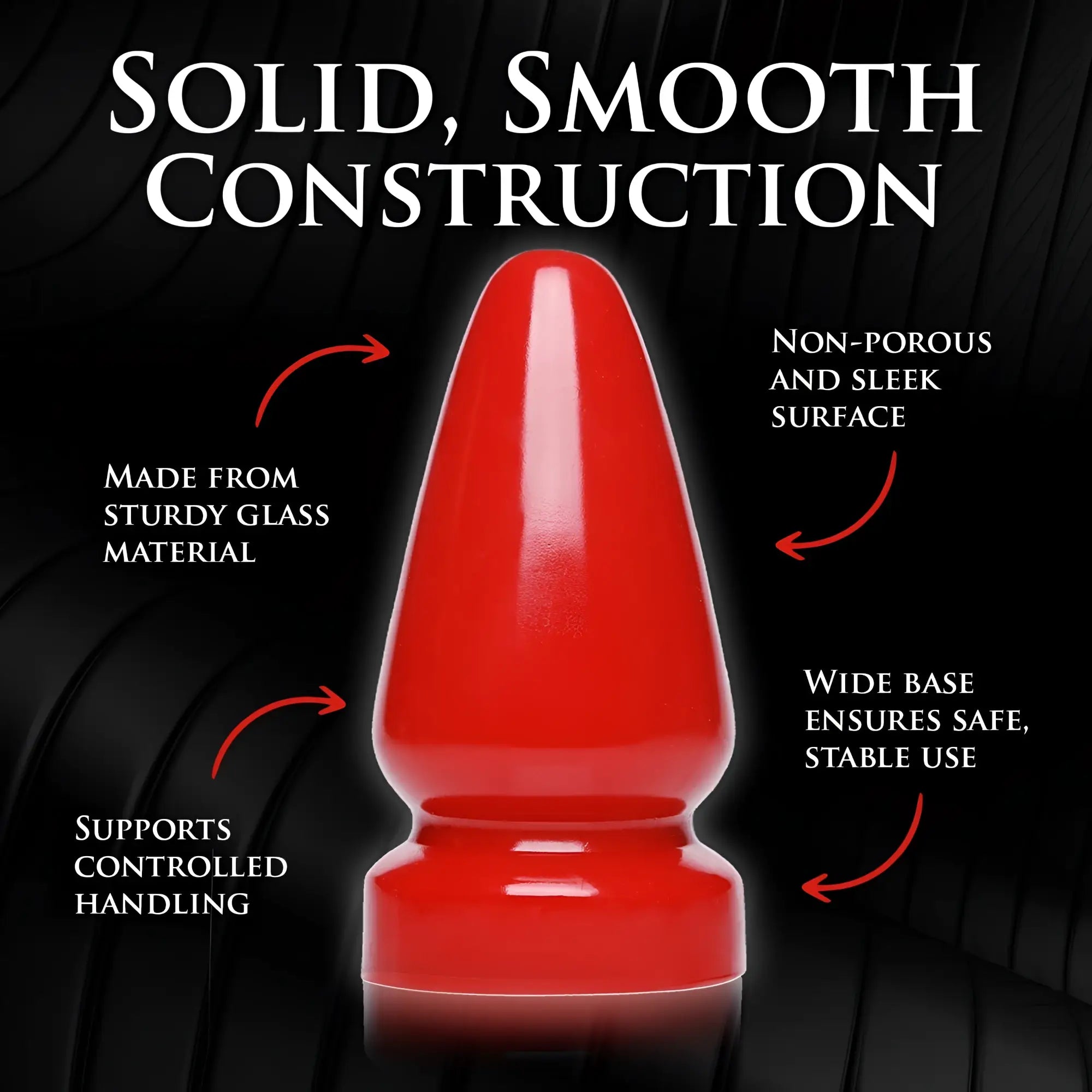 Master Series The Anal Destructor, a glossy red, smooth glass butt plug with a wide base on a black background.