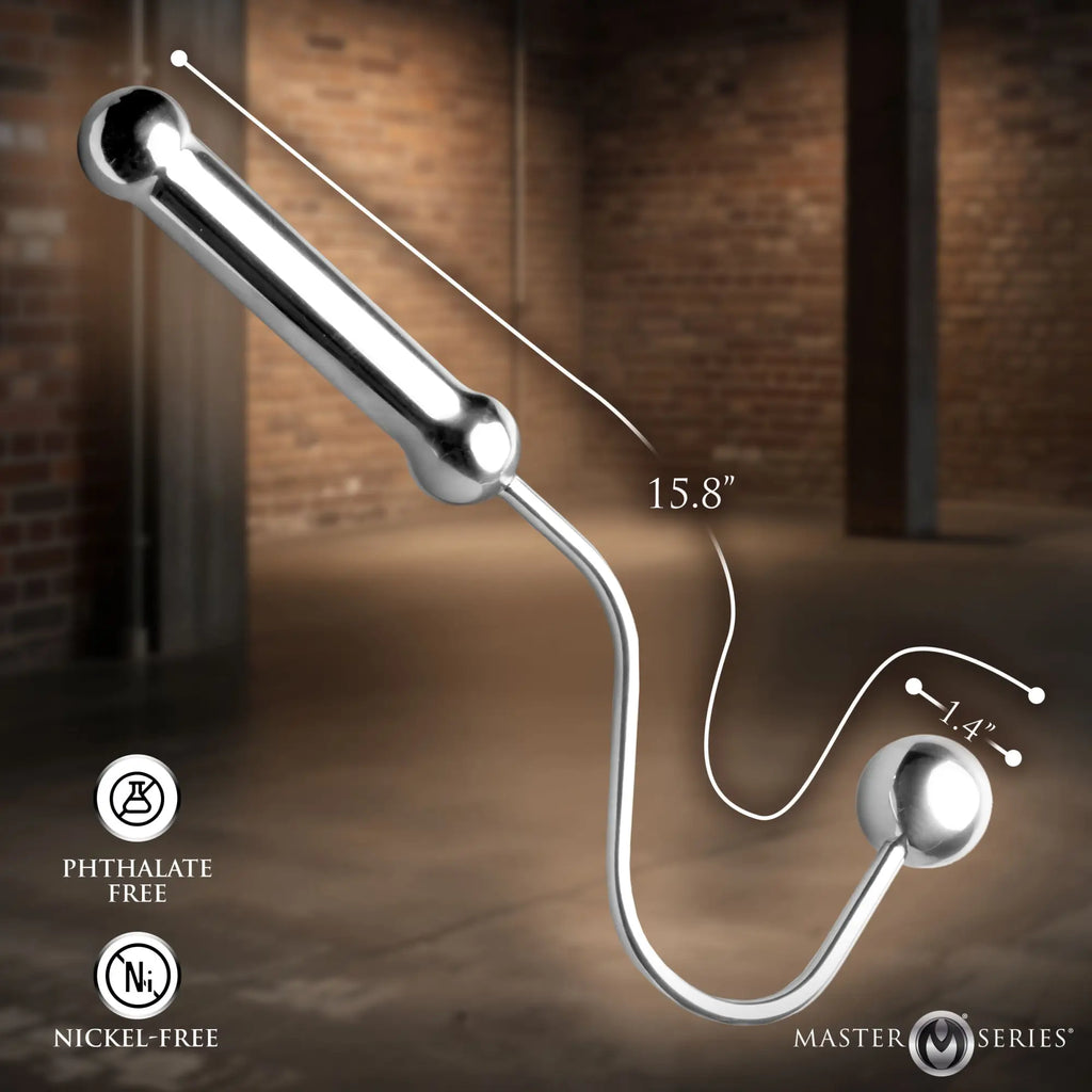 Silver-colored Master Series Anal Hook with handle, showing dimensions 15.8" and 1.4", on a blurred brick background.