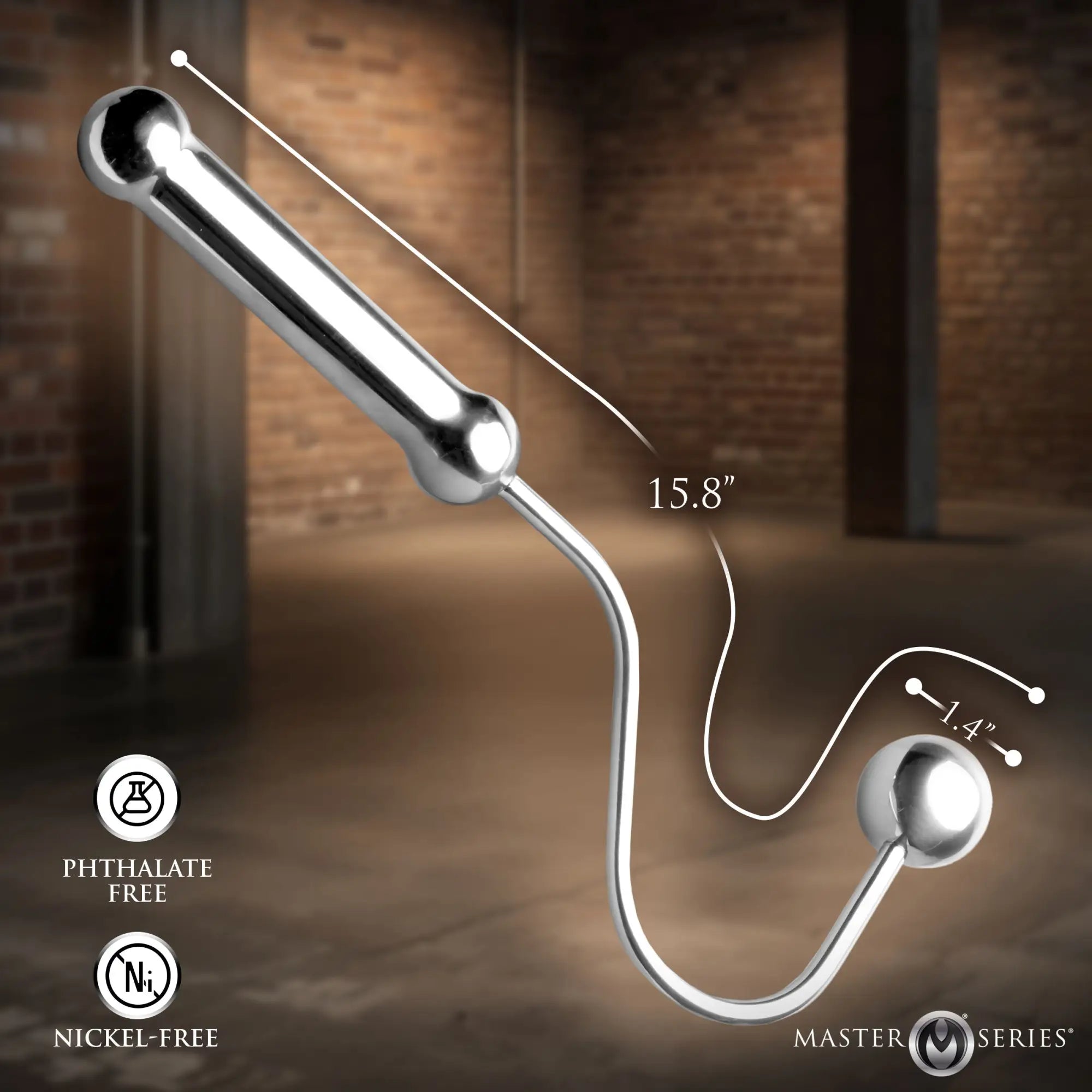 Silver-colored Master Series Anal Hook with handle, showing dimensions 15.8" and 1.4", on a blurred brick background.