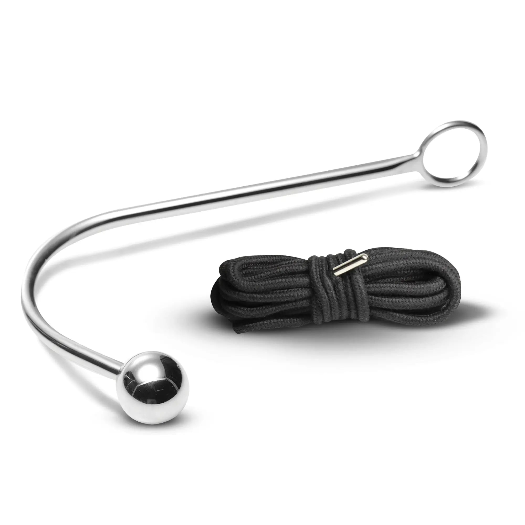 Master Series Anal Hook in shiny silver metal with a curved design, a ball tip, a ring end, and a black rope.