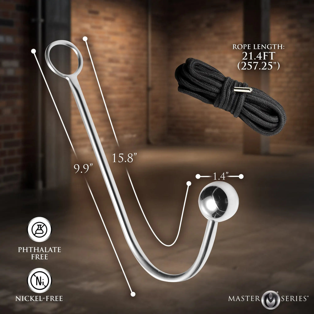 Master Series silver metal anal hook with a long handle, ring, and a coiled black rope, showing dimensions and features.