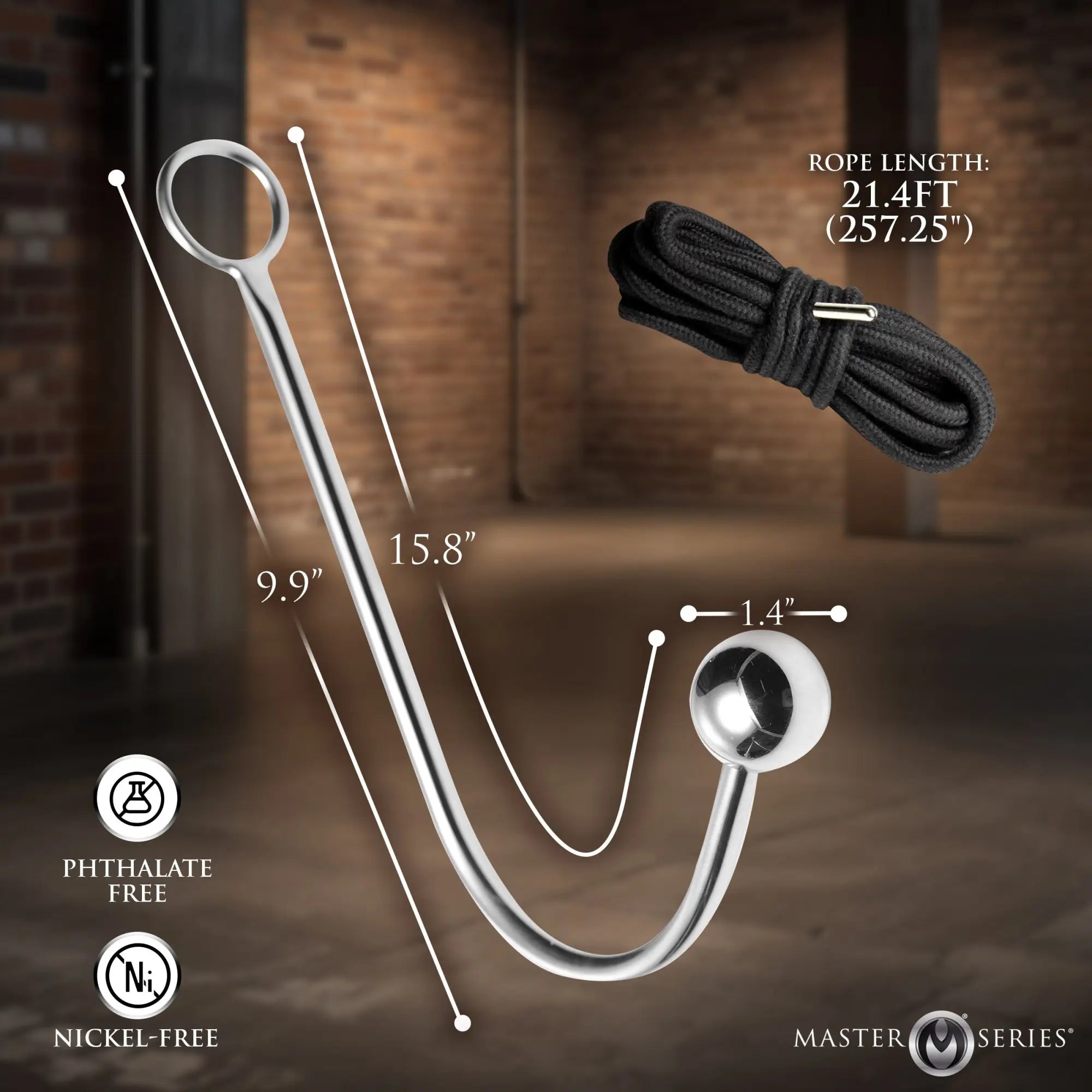 Master Series silver metal anal hook with a long handle, ring, and a coiled black rope, showing dimensions and features.