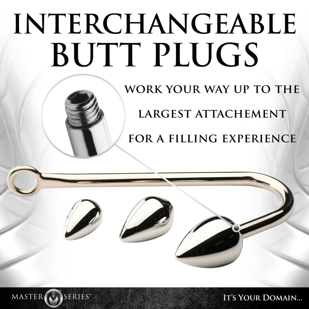 Master Series Anal Hook Trainer with three interchangeable silver metal plugs of varying sizes and a hook-shaped handle.