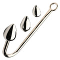 Master Series Anal Hook Trainer with three shiny, silver-colored teardrop-shaped metal plugs and a curved hook handle.
