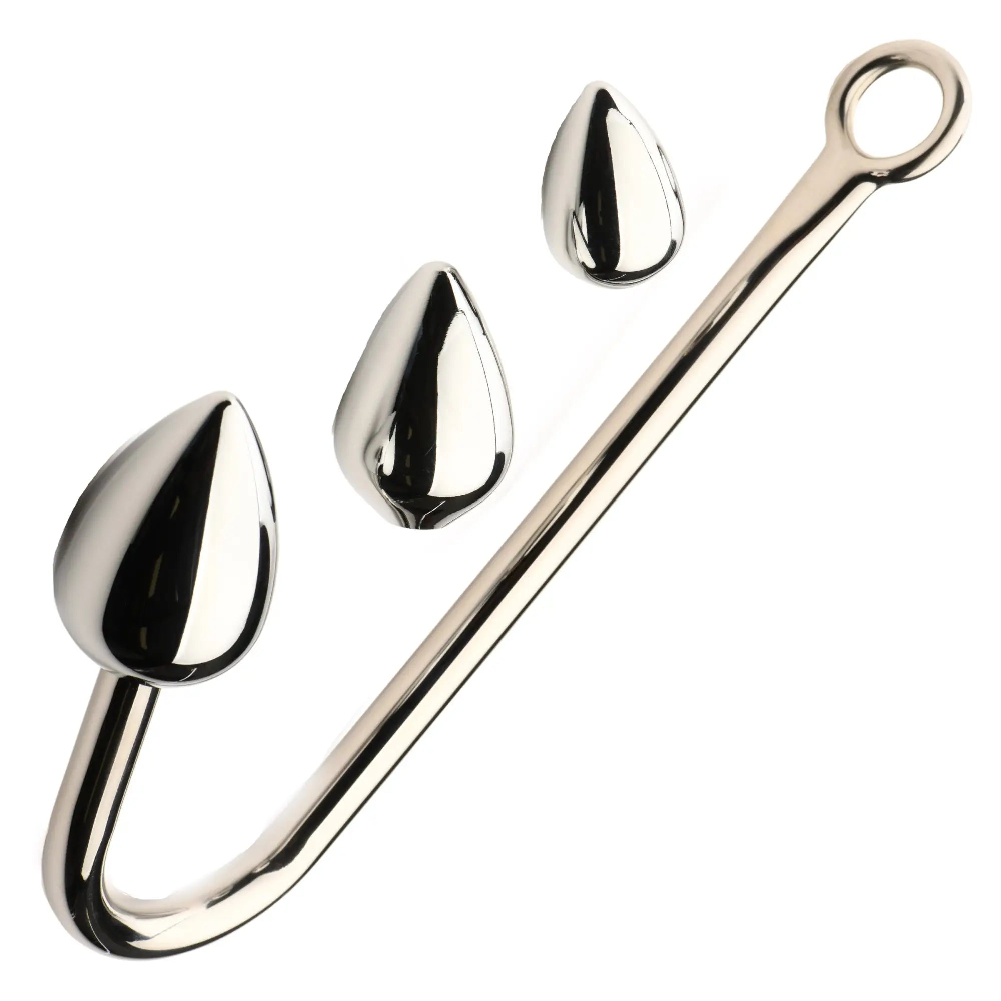 Master Series Anal Hook Trainer with three shiny, silver-colored teardrop-shaped metal plugs and a curved hook handle.
