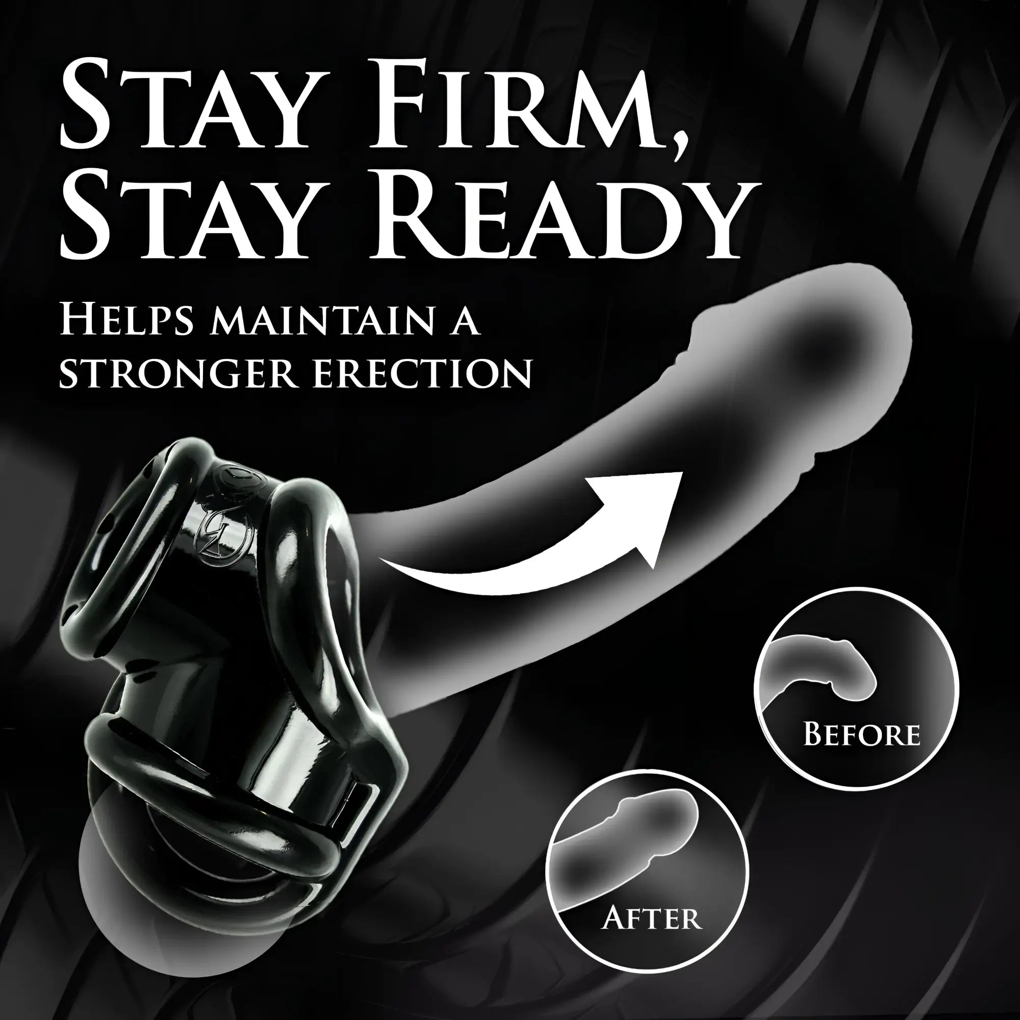 Master Series Annex Erection Enhancer: A black silicone ring showing a before and after comparison of an erection.