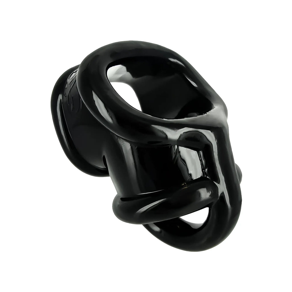 Master Series Annex Erection Enhancer: A glossy black, contoured silicone ring for male enhancement against white.