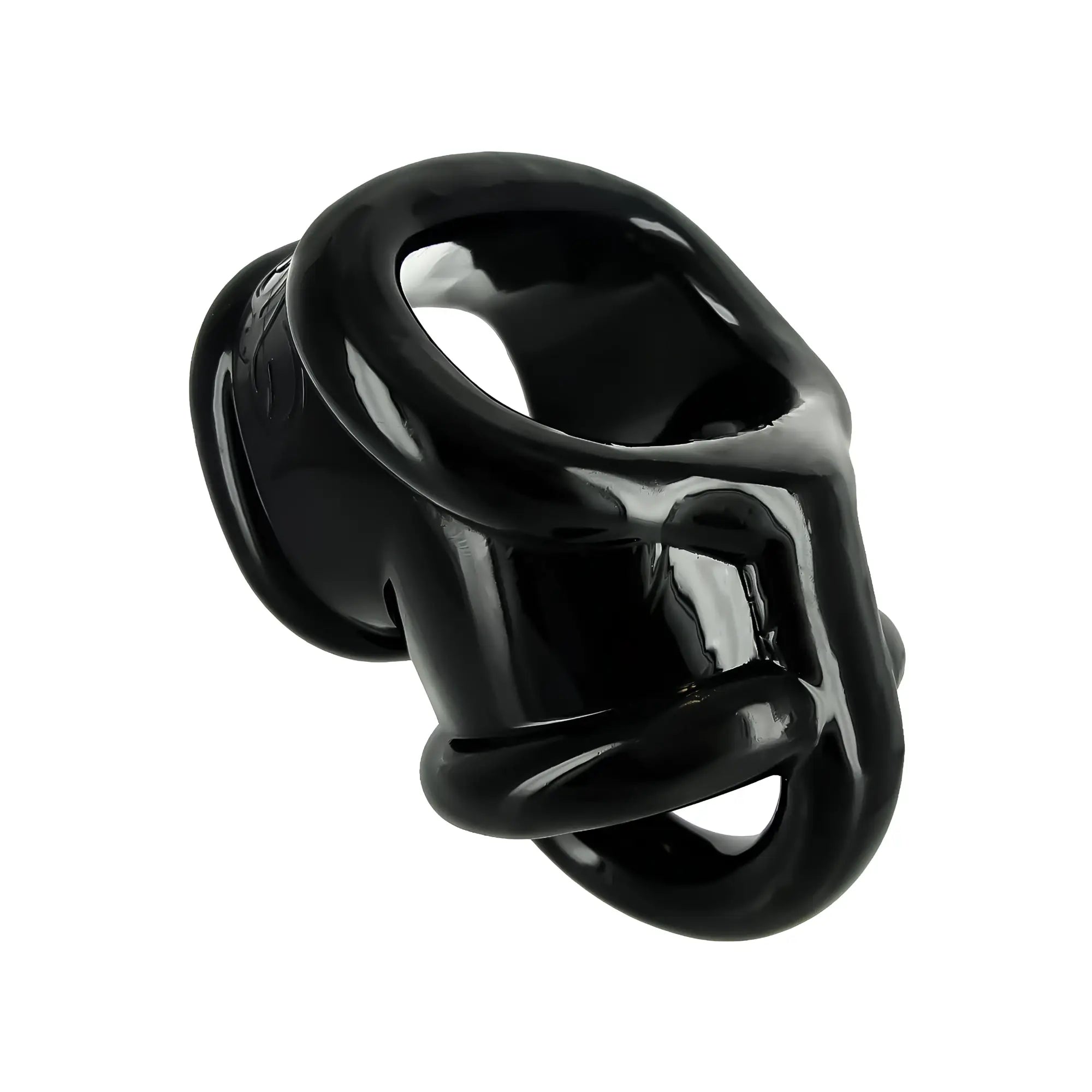 Master Series Annex Erection Enhancer: A glossy black, contoured silicone ring for male enhancement against white.
