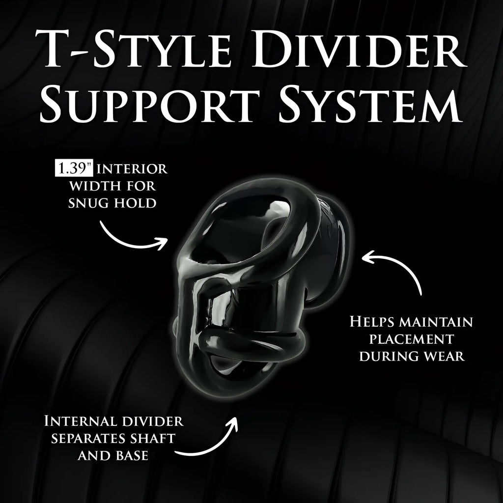 Master Series Annex Erection Enhancer: A black, T-style silicone support ring with labels detailing its features.