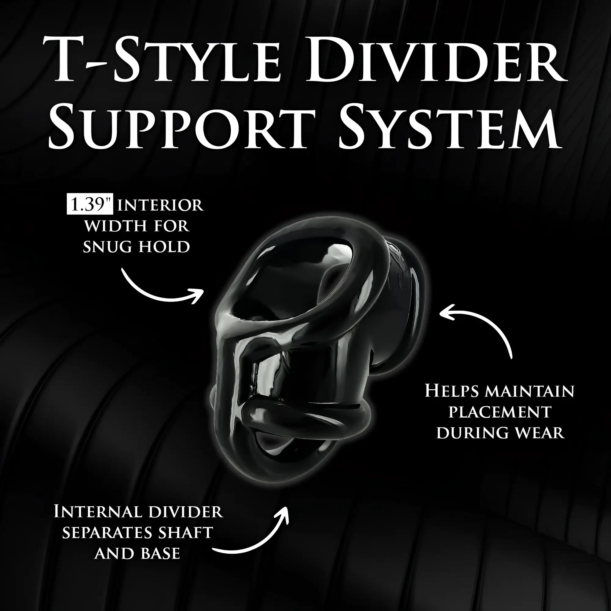 Master Series Annex Erection Enhancer: A black, T-style silicone support ring with labels detailing its features.
