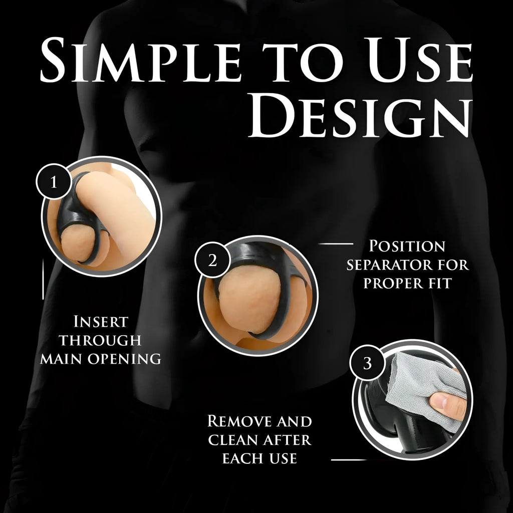 Master Series Annex Erection Enhancer: An instructional infographic showing how to wear and clean the black ring.
