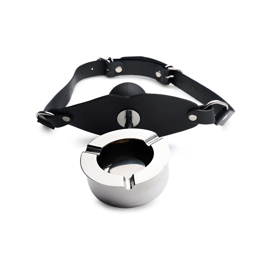 Master Series Ashtray Ball Gag: black leather head strap, silicone mouthpiece, and a polished stainless steel ashtray.