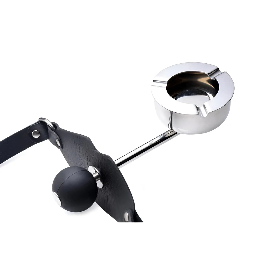 Master Series Ashtray Ball Gag with a black silicone ball, leather strap, and polished stainless steel ashtray attachment.