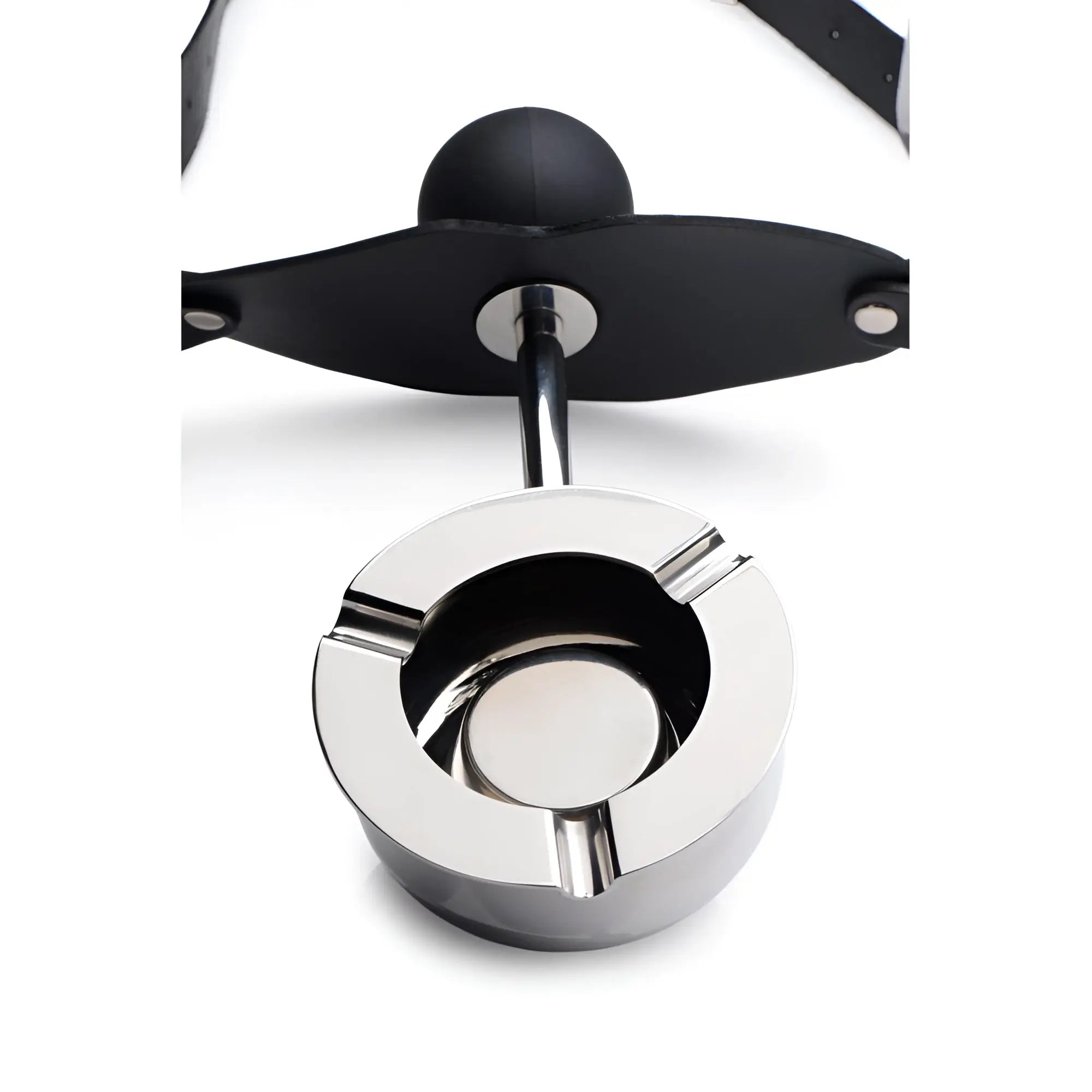 Master Series Ashtray Ball Gag: A black silicone mouth ball on a leather strap attached to a silver metal ashtray.