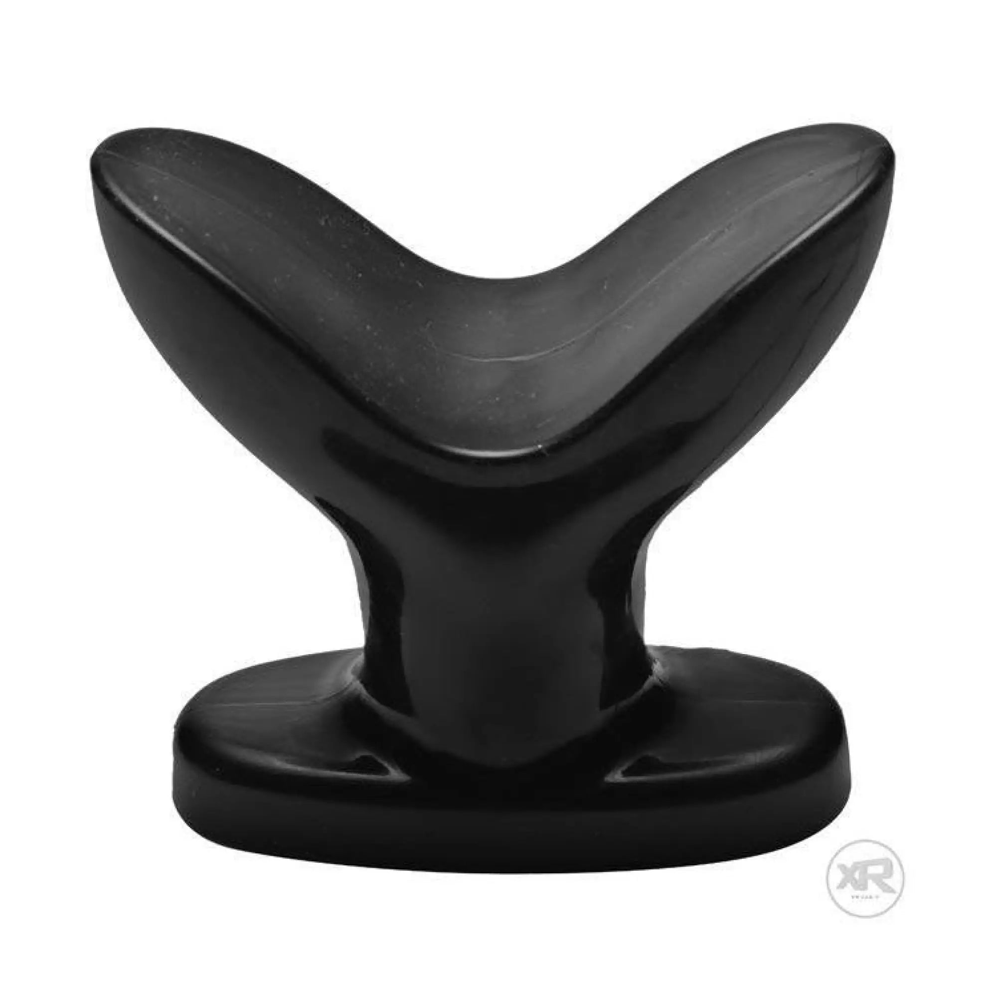Master Series black silicone anchor-style butt plug with a wide, curved head and flat, oval base.