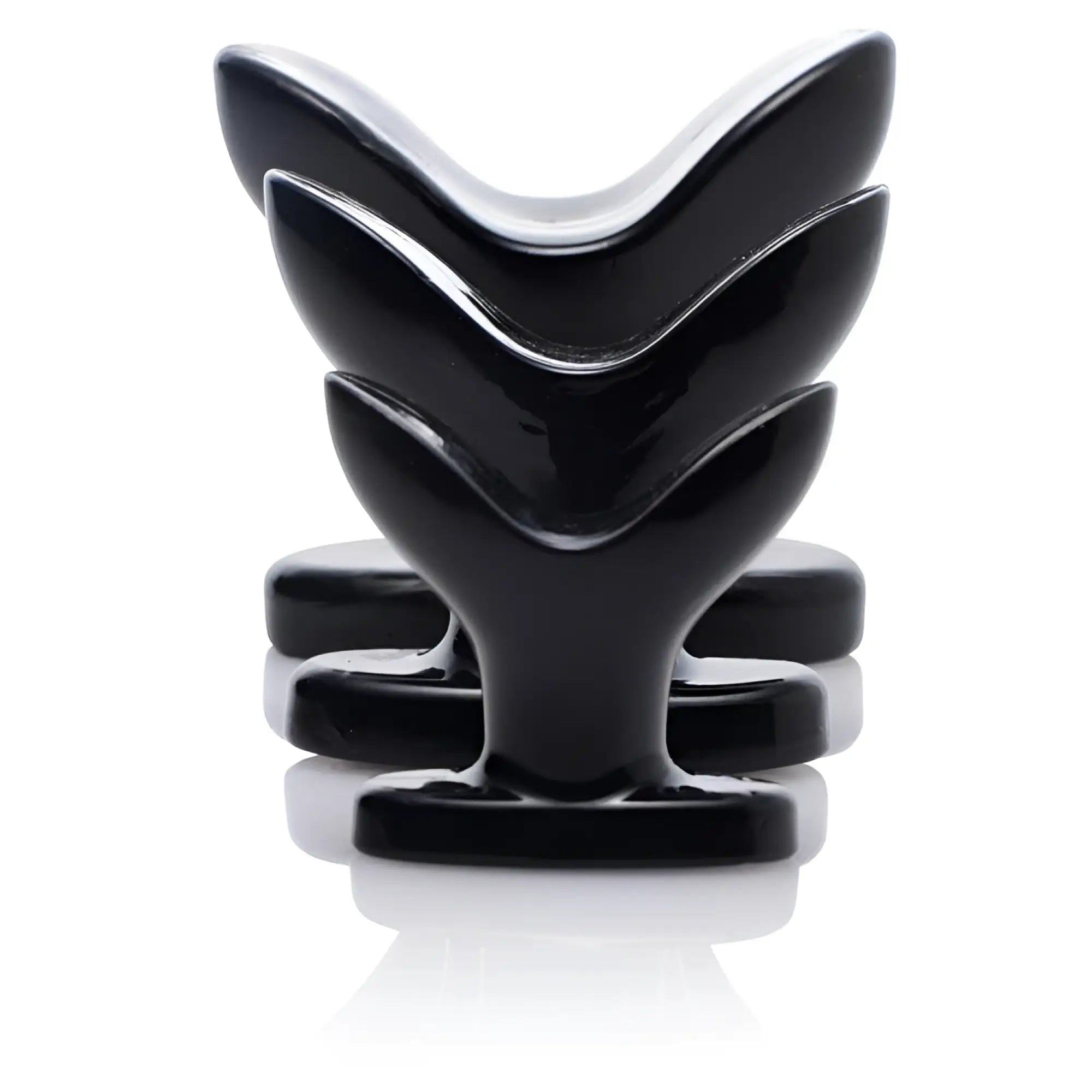Three shiny black Master Series Ass Anchor butt plugs arranged in a row, featuring a flared, V-shaped anchor design.