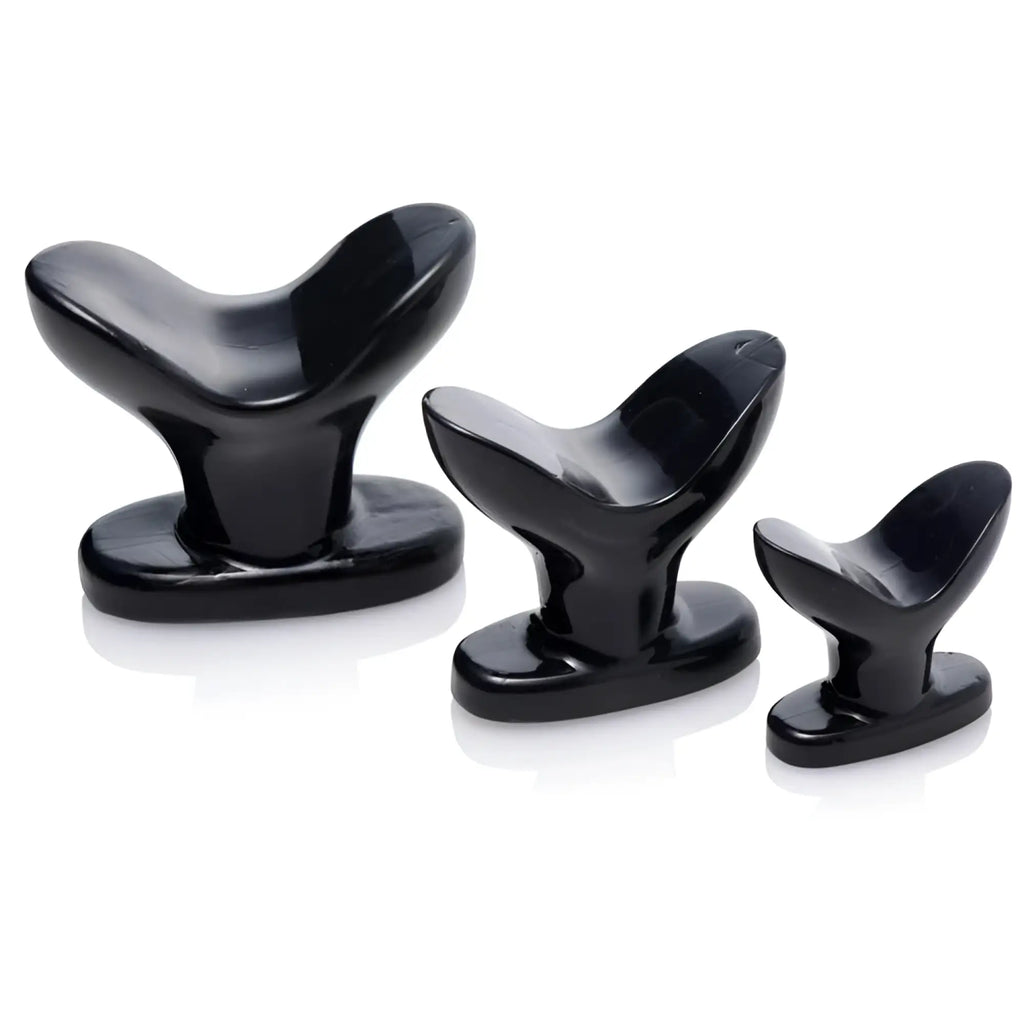 Three glossy black Master Series anchor-style butt plugs of varying sizes, shown on a white background.