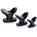 Three glossy black Master Series anchor-style butt plugs of varying sizes, shown on a white background.