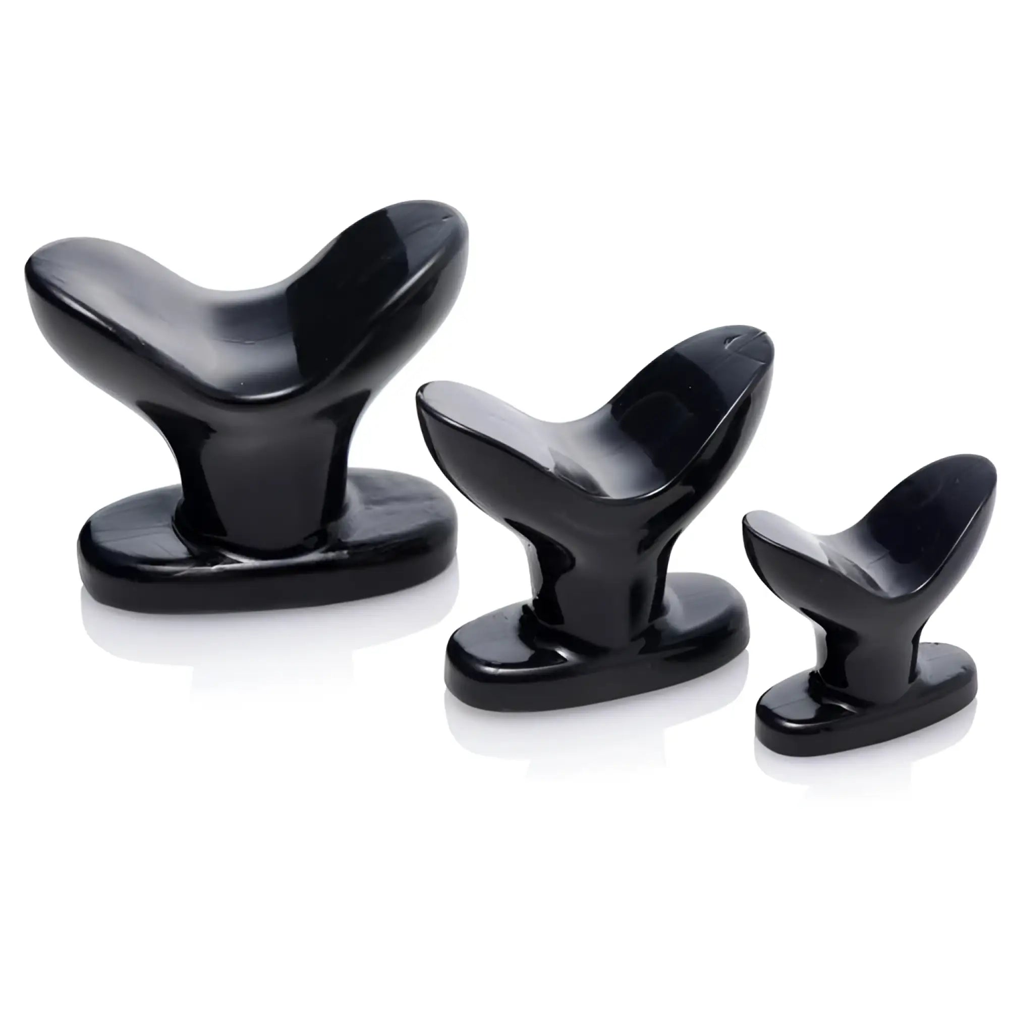 Three glossy black Master Series anchor-style butt plugs of varying sizes, shown on a white background.