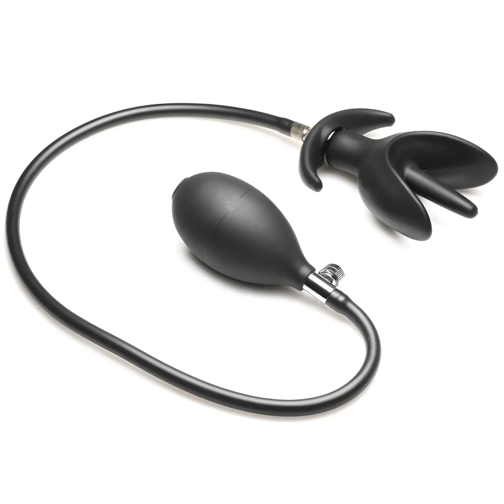 Master Series black silicone inflatable anchor anal plug with a manual hand pump and connecting hose.