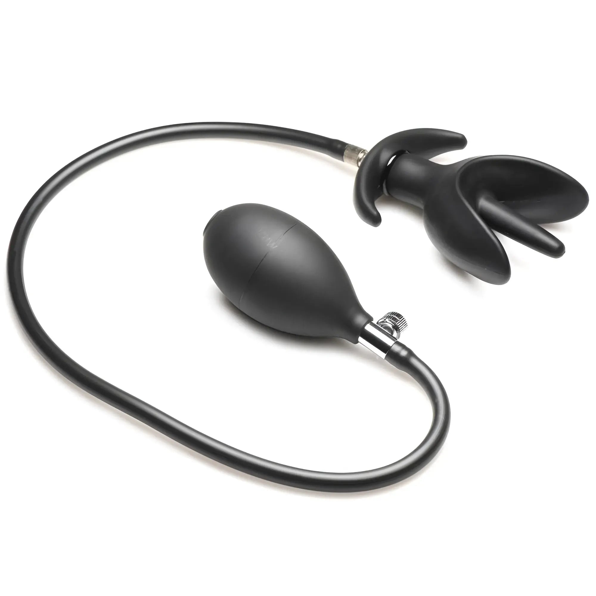 Master Series black silicone inflatable anchor anal plug with a manual hand pump and connecting hose.