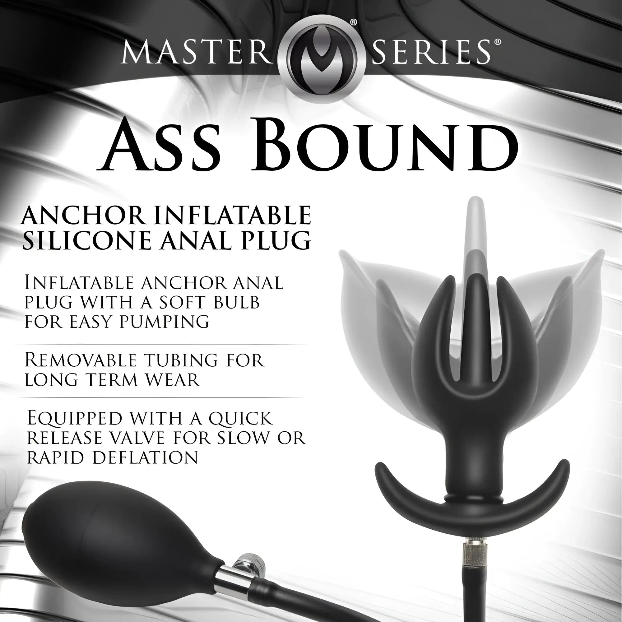 Master Series Ass Bound black silicone anchor anal plug with a hand pump and inflatable, multi-winged design.