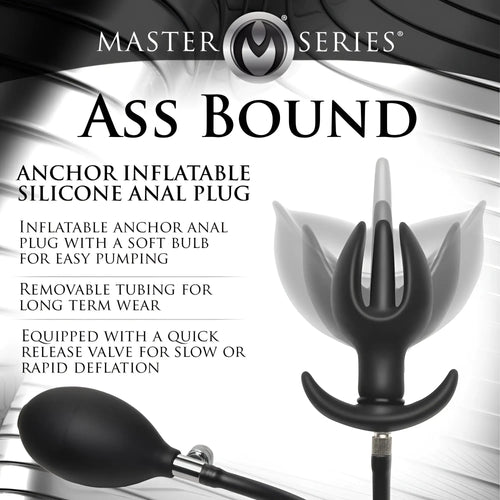 Master Series Ass Bound black silicone anchor anal plug with a hand pump and inflatable, multi-winged design.